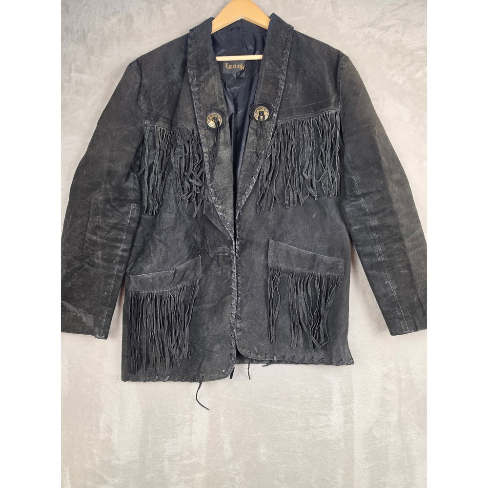 Vtg Learsi Suede Leather Fringe Jacket Womens M Western Open Front Boho *Read
